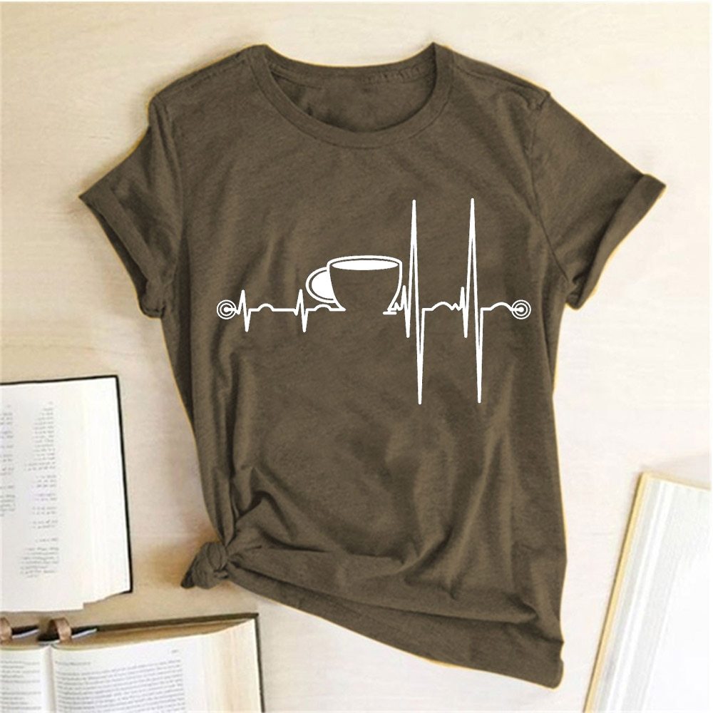 T-Shirt Ladies Cup Print Short Sleeve Olive Green