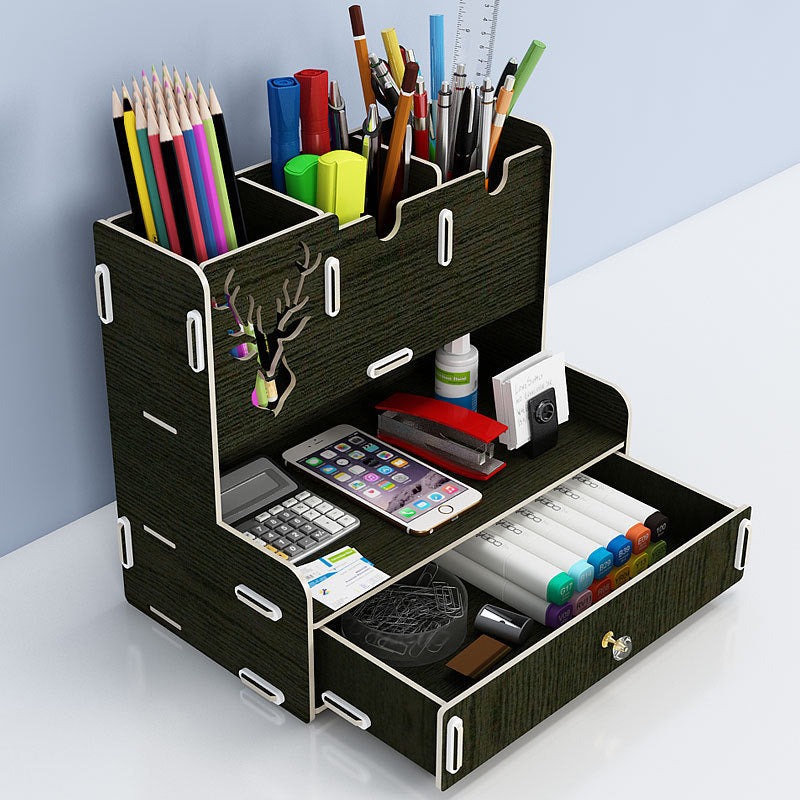 Ayane Creative Pen Pencil Holder Receiving Box Desktop Learning Penholder Office Desk Organizer Storage Rack Supplies Wood Black
