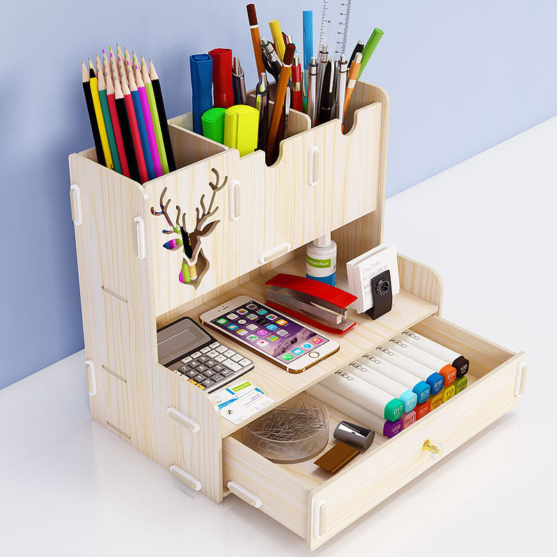 Ayane Creative Pen Pencil Holder Receiving Box Desktop Learning Penholder Office Desk Organizer Storage Rack Supplies Wood Beige