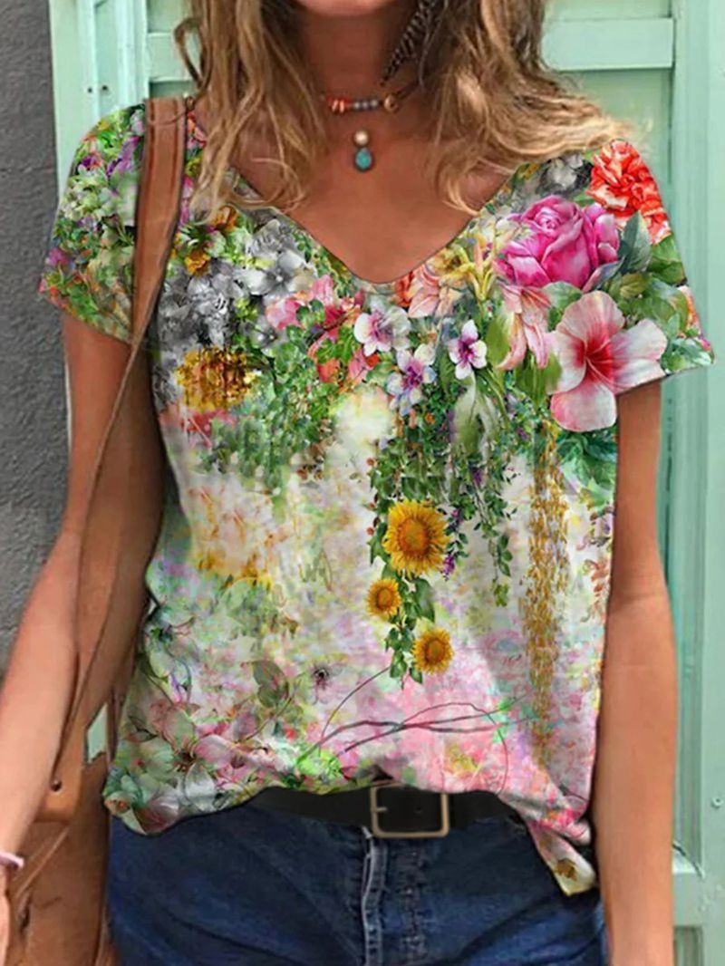 Ladies Fashion Print Short Sleeve T-Shirt Shirt Colorful