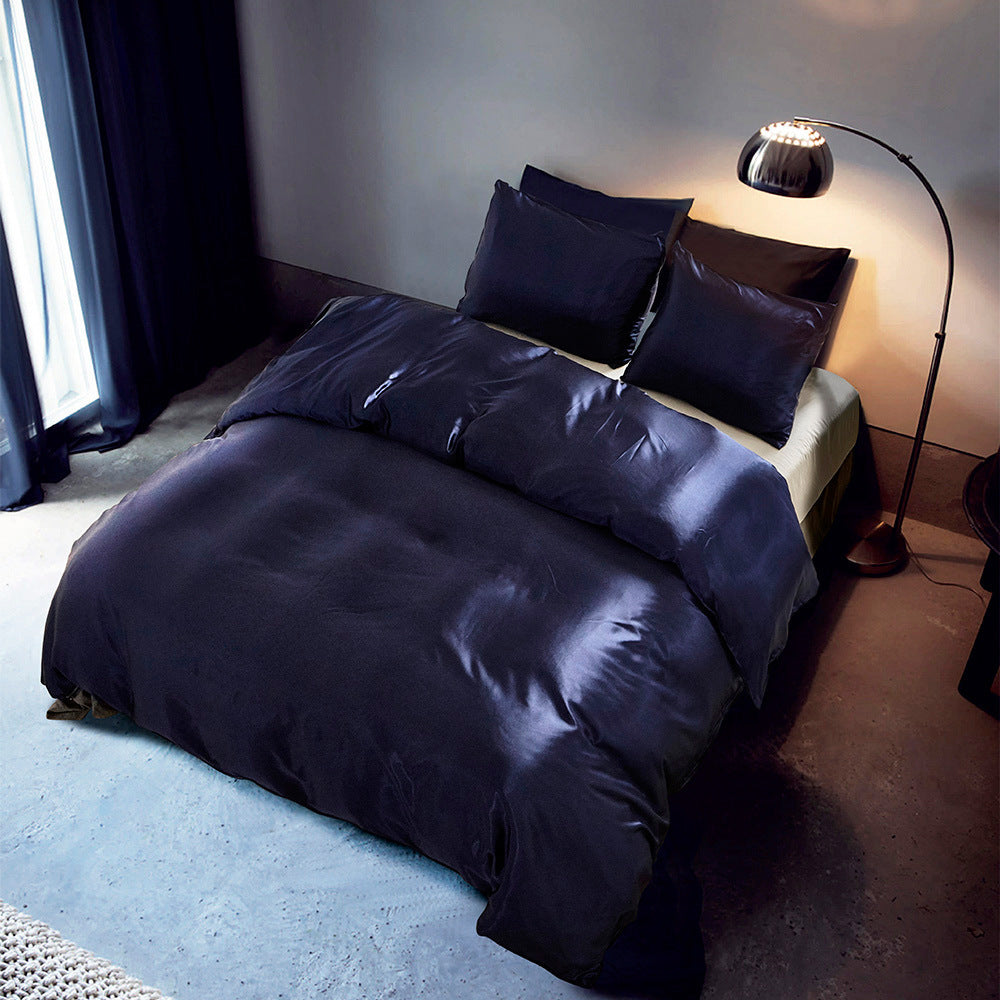 Hotel Home Solid Color Imitated Silk Luxury Satin 3pcs Comforter Bedding Set Blue