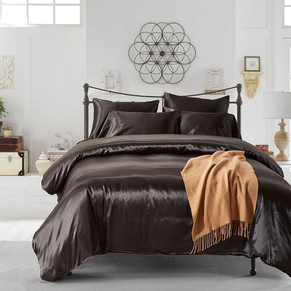 Hotel Home Solid Color Imitated Silk Luxury Satin 3pcs Comforter Bedding Set Black