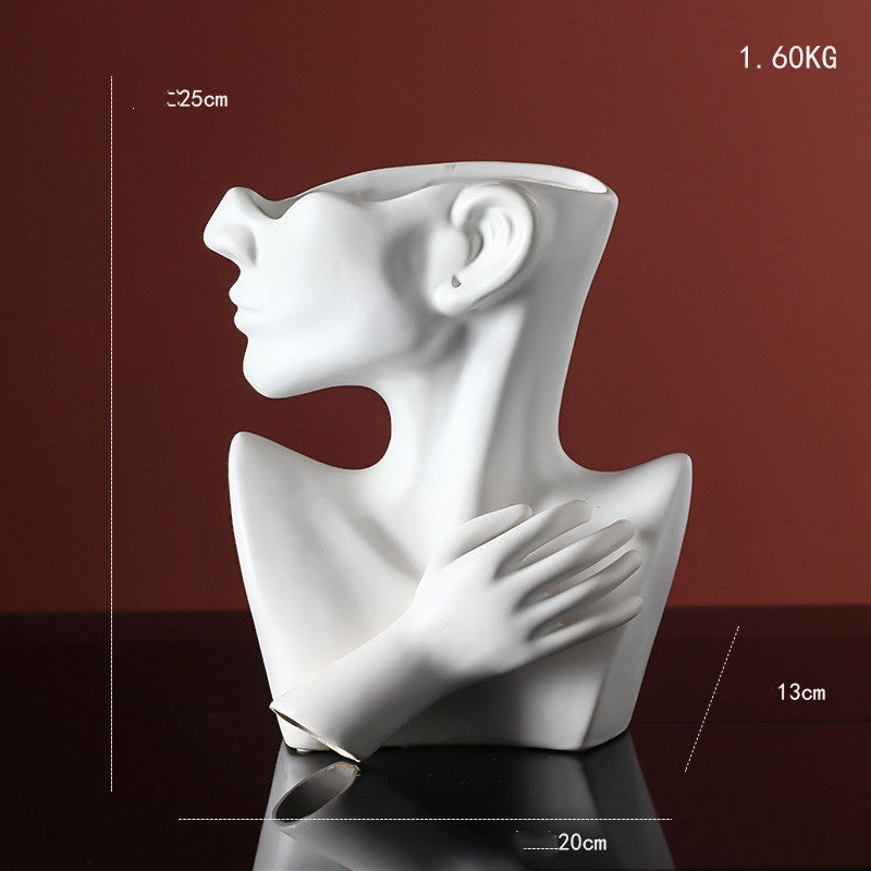 Nordic Ceramics Vase Human Head Abstract Half Body Flower Pot Decor Ornaments White