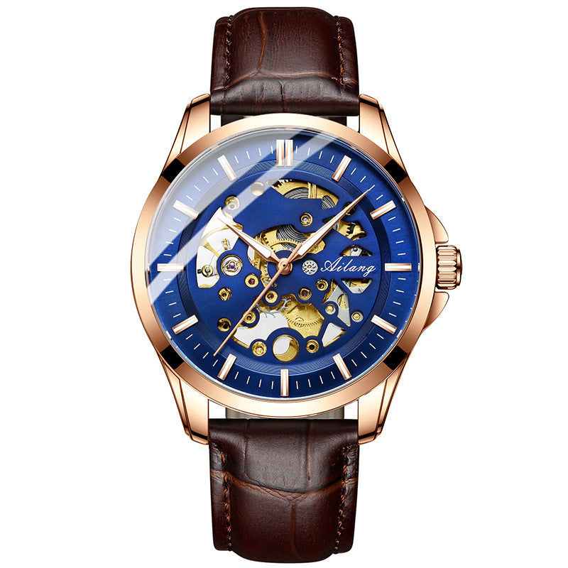 Automatic Mechanical Watch Hollow Watch Waterproof Blue Face Brown Belt