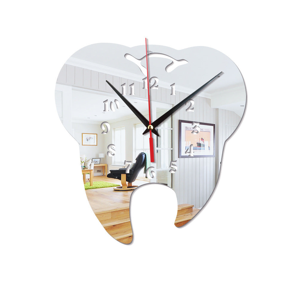 Acrylic tooth shape wall clock Living room office custom quartz mute clock silvery