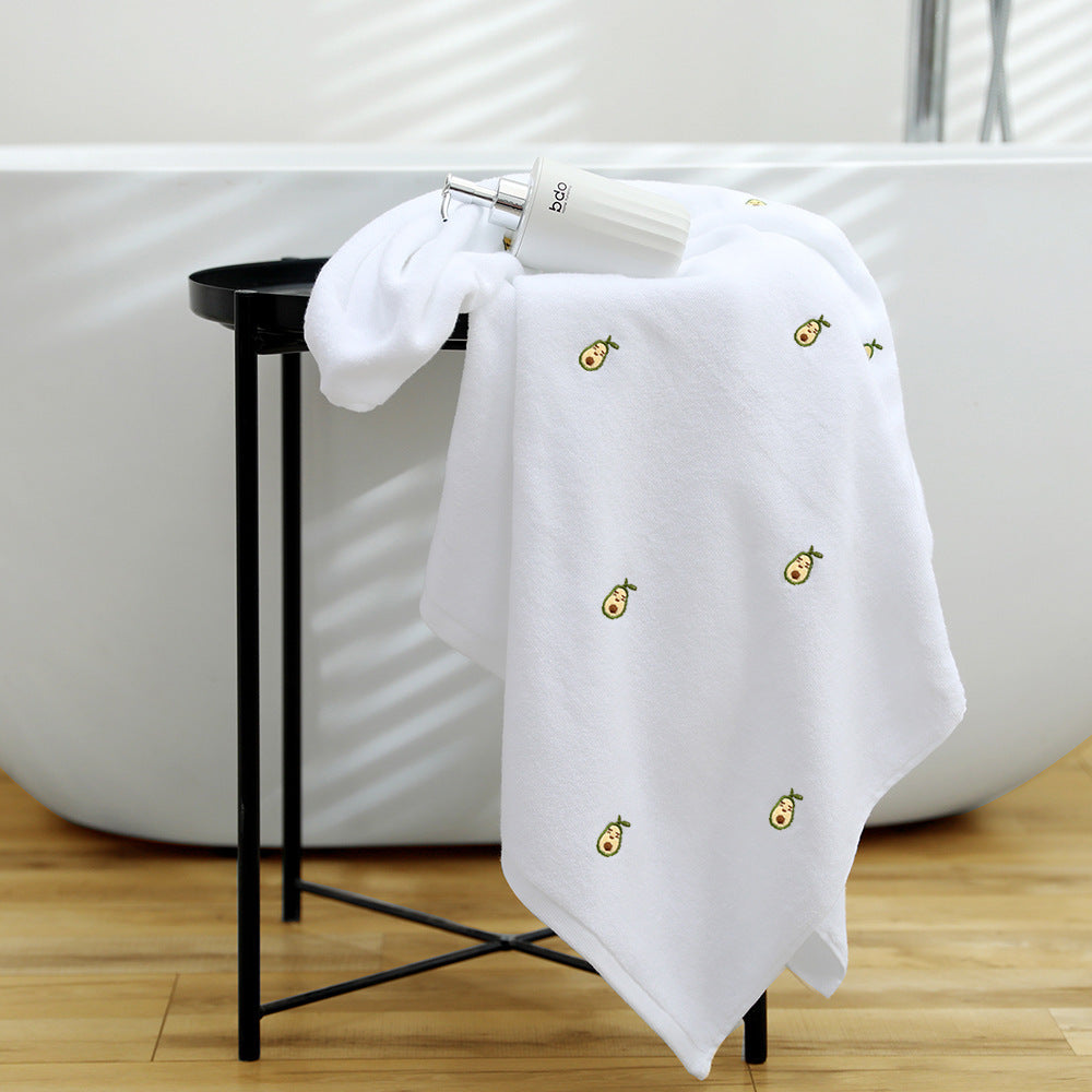 Full Embroidery Avocado Cotton Bath Towel White 70x140cm
