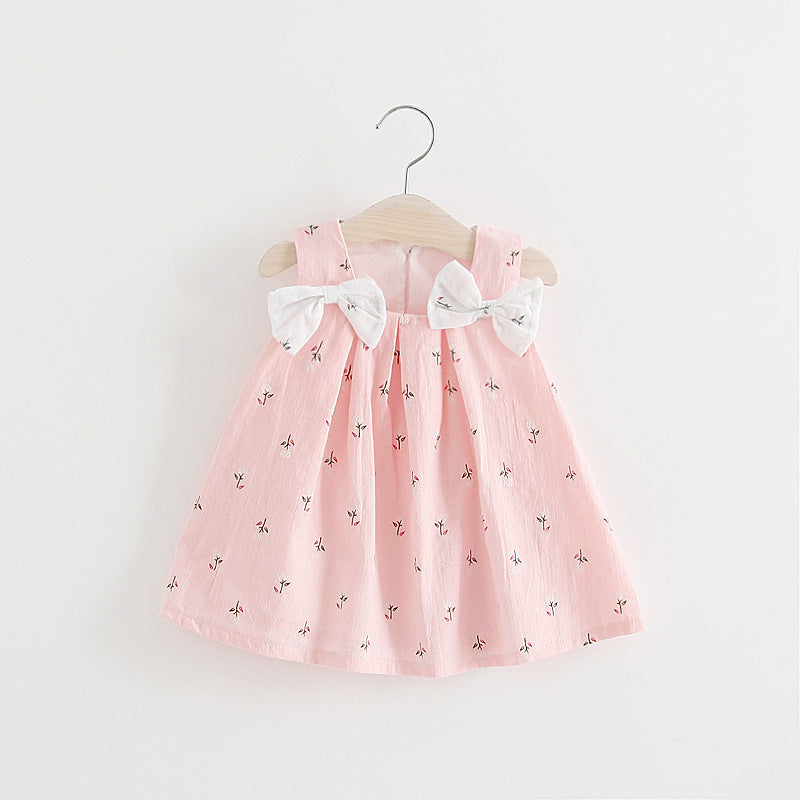 Solid color bow bow floral print halter skirt Pink