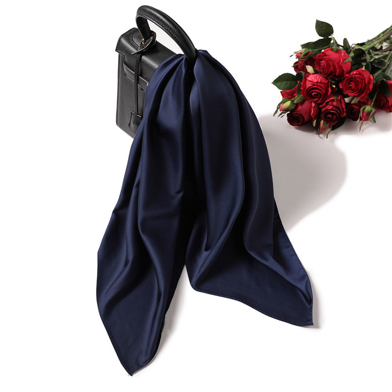 Simple Solid Color Silk-like Hair-tied Scarf FP3 Navy Blue 70x70cm