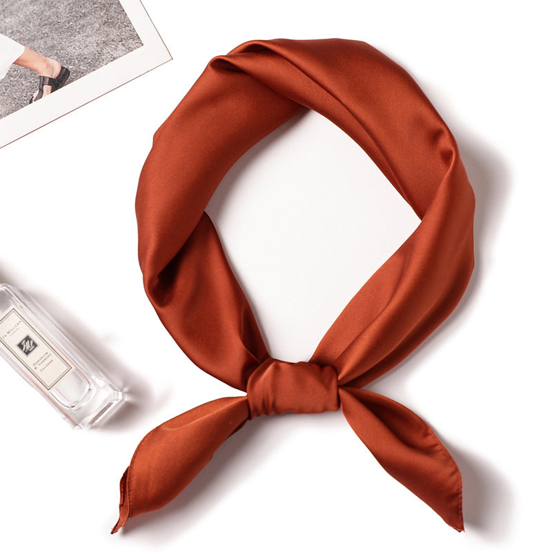 Simple Solid Color Silk-like Hair-tied Scarf FP4 Dark Brown 70x70cm