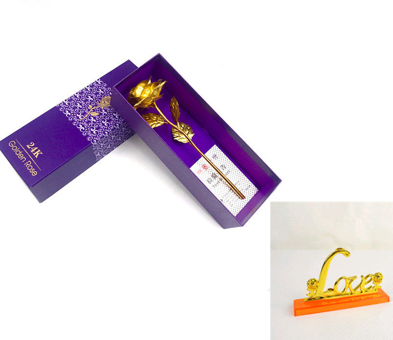 24K Luminous Color Gold Rose Flower Set Gold purple gift with base