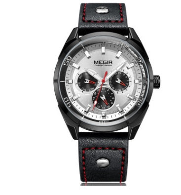 Calendar watch week leather men's watch large dial quartz watch Black red