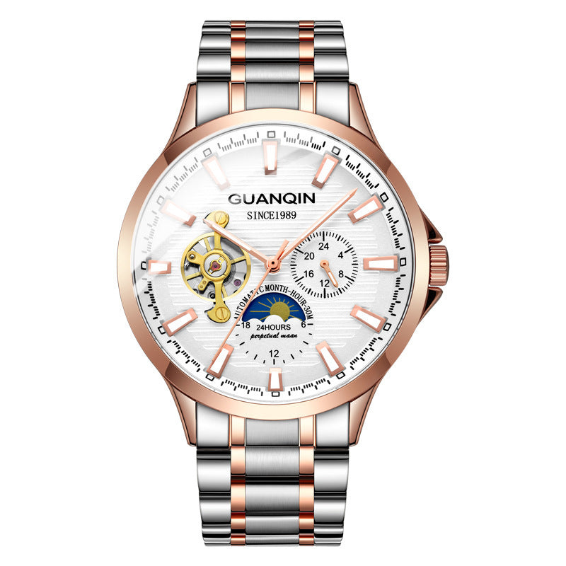 Guanqin Men's Watch Mechanical Watch Rose gold Steel belt