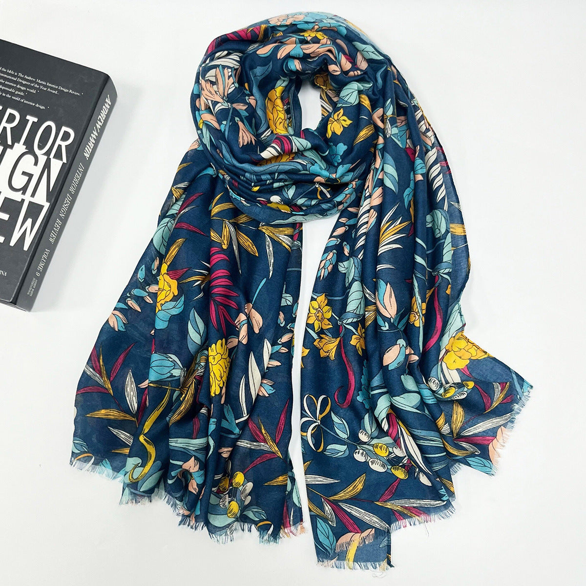 High-grade Shawl Ladies Tassel Printed Scarf Navy Blue