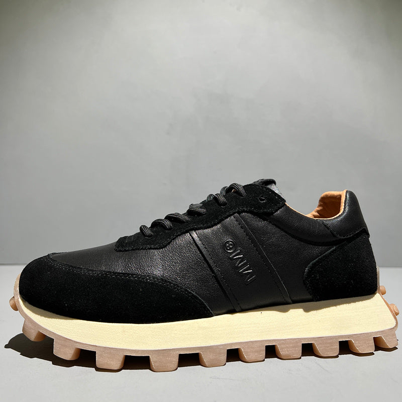 Mens Fashion Lace-up Head Leather Thick-soled Sports Shoes Black