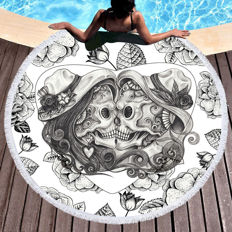 Scary Skull Round Beach Towel Fiber Picnic Mat C 150cmx150cm