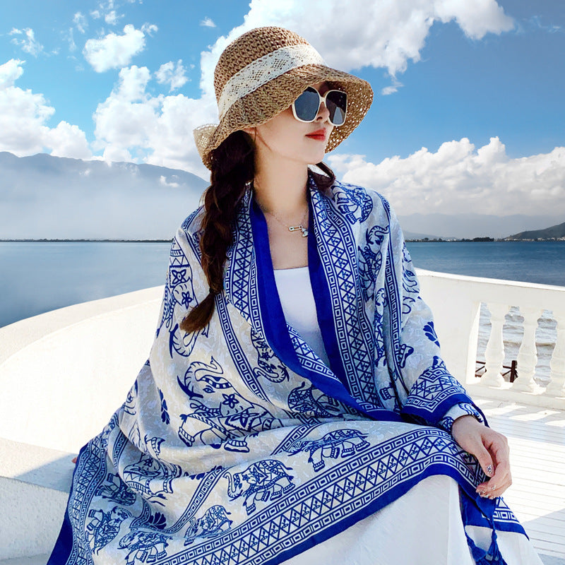 Women's Outer Scarf For Traveling In Western Sichuan Grassland Thailand White Elephant Blue