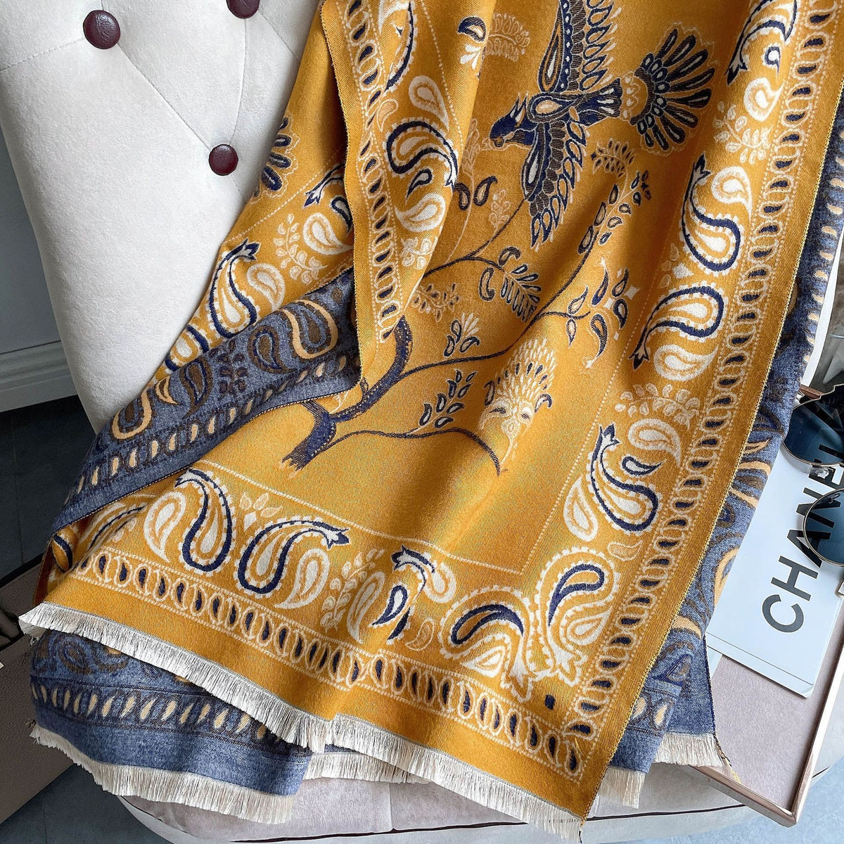Women's Neck Warmer Office Blanket Cashmere-like Tassel Warm Scarf Yellow 185cm