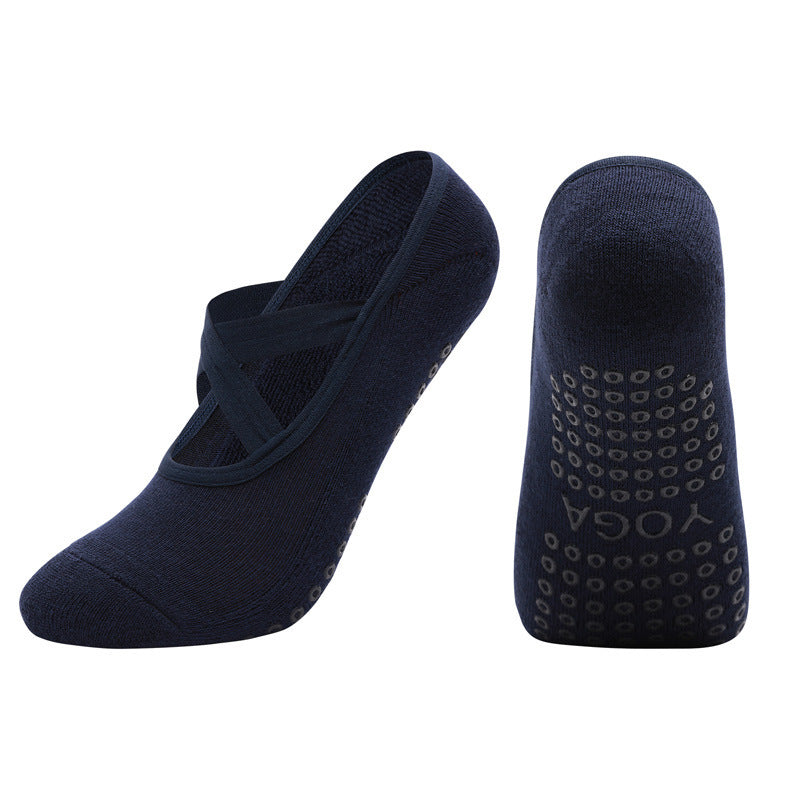 Non-slip Glue Women's Antibacterial Cotton Cross Strap Yoga Socks Q2 Navy Blue 35to42