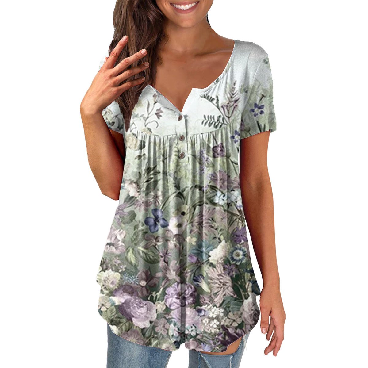 Ladies' Printed Ruffled Pullover Short Sleeve 1COLOR