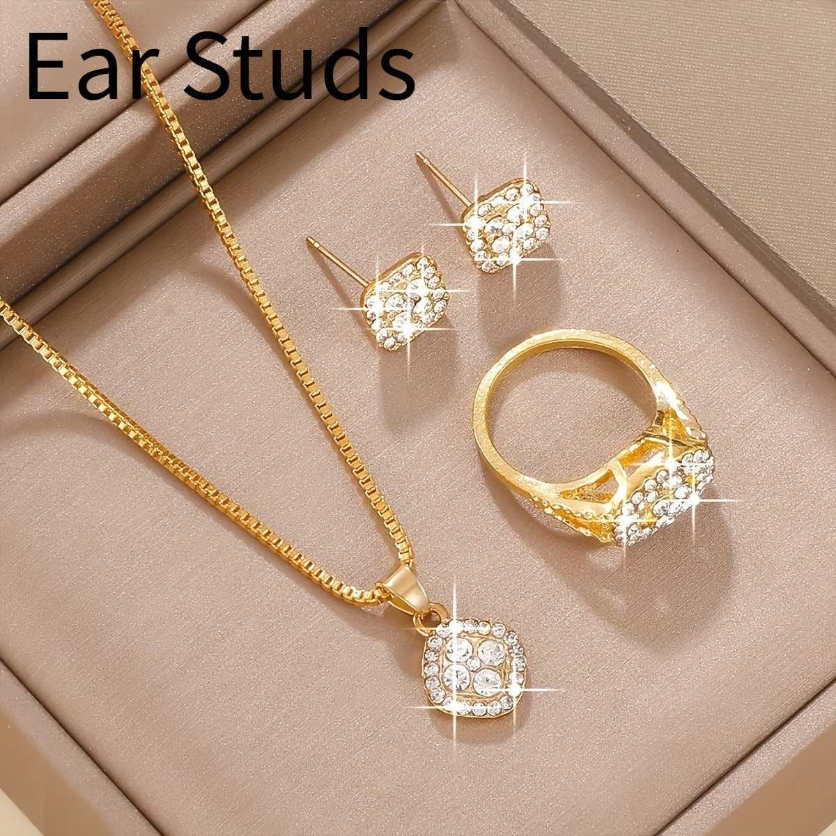 Light Luxury Diamond All-match Necklace Ring Three-piece Earrings Set Ear Studs