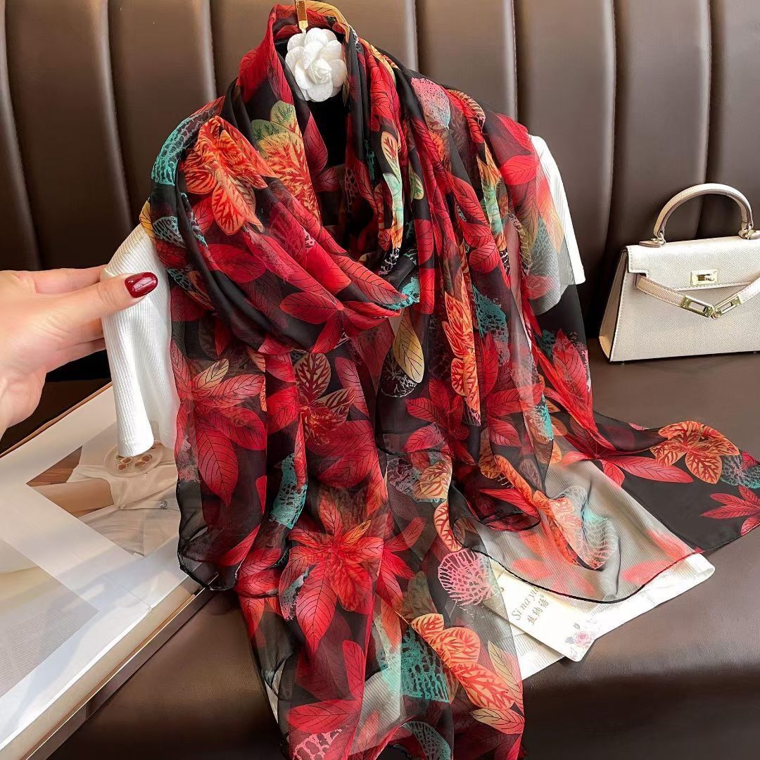 Silk All-matching Yousoft Scarf Long Elegant Scarf Colorful Maple Leaf 180CMto130CM
