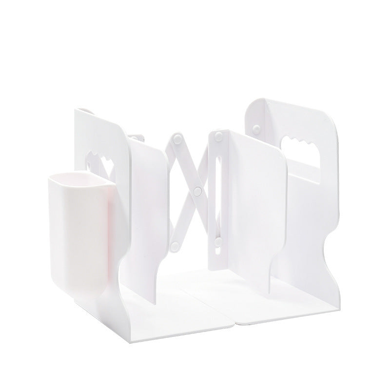 Retractable Bookends For Shelves Book Support Stand Adjustable Bookshelf With Pen Holder Desk Organizer Office Accessories White C