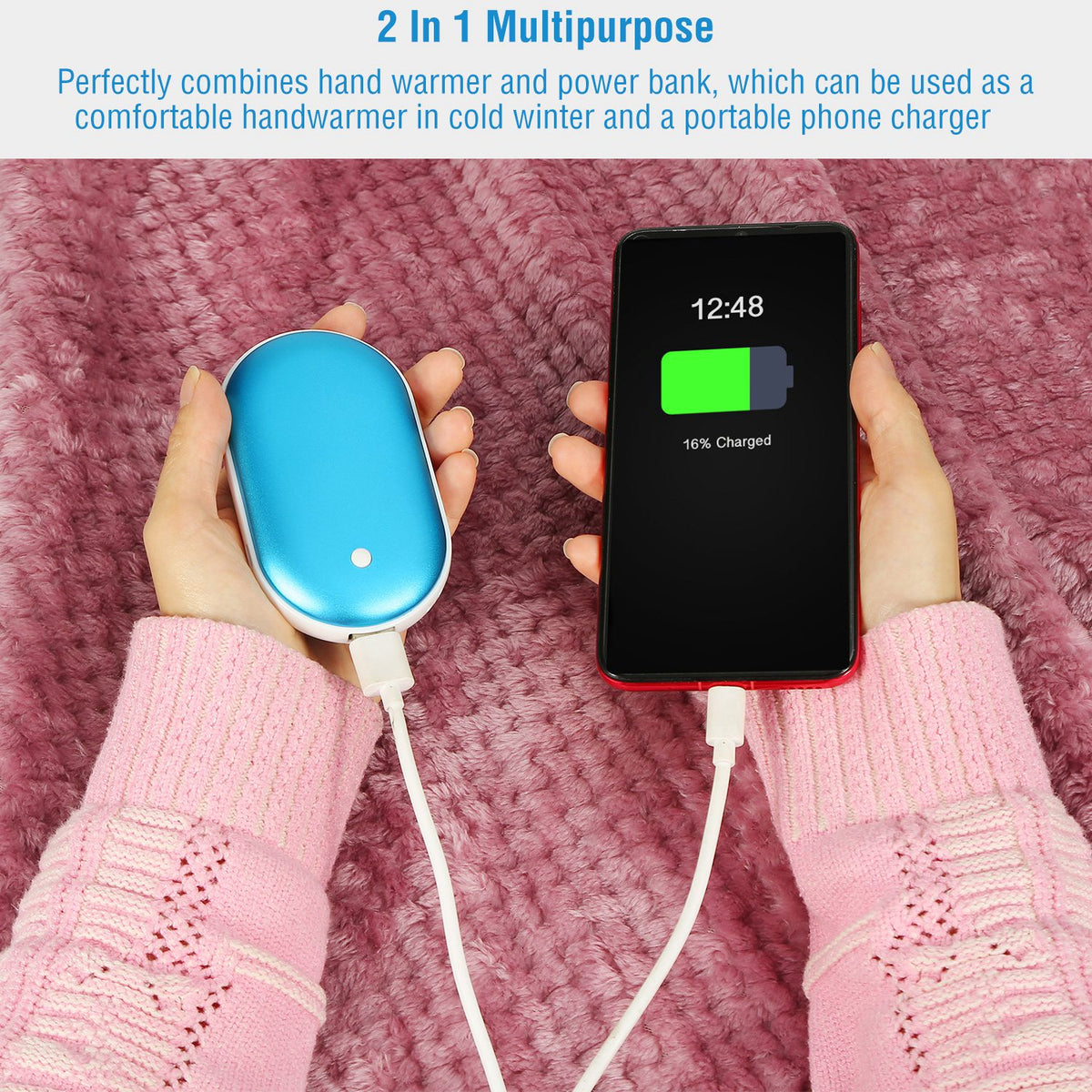 ROSELUXE Rechargeable Hand Warmer & 5000mAh Power Bank - Double-Sided Heat, 3 Levels