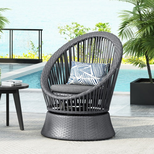 26.7 Modern Gray Wicker Lounge Chair With Rattan And Iron Frame, Featuring A Stylish Round Design, Perfect For Living Room, Patio, Or Balcony Relaxation