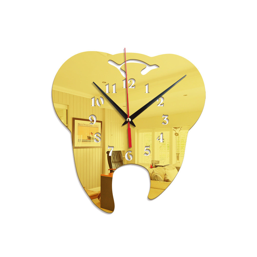 Acrylic tooth shape wall clock Living room office custom quartz mute clock Golden
