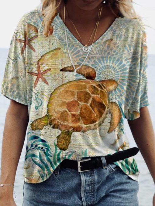 Ladies' New Explosive Style Abstract Painting Tortoise Print Short Sleeve T-shirt