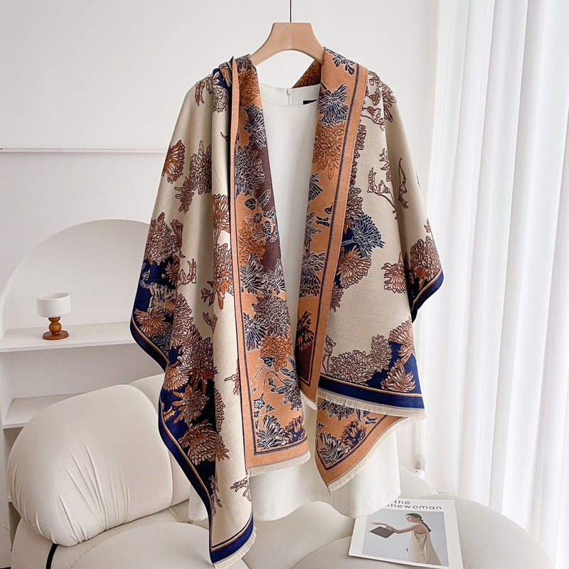 Warm Scarf Fashionable Outerwear Sweet Cute Double-sided Shawl Daisy Blue Beige