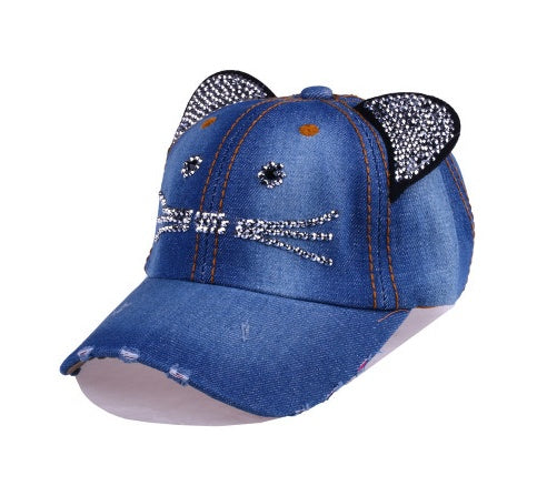 Spring And Summer Denim Baseball Cute Cat Ears Baseball Sunscreen Visor Baby Cat Hat Blue
