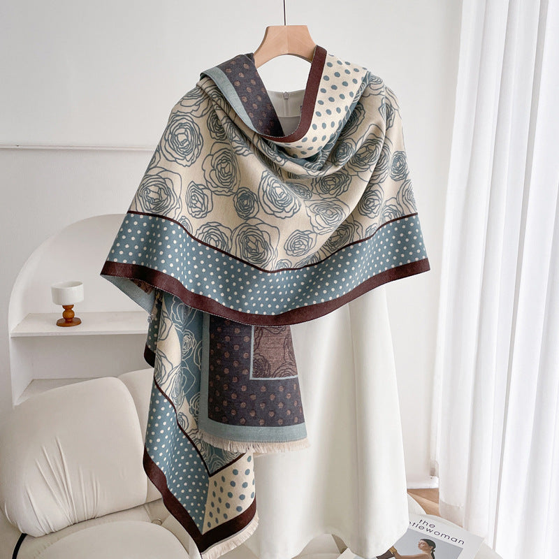 Warm Scarf Fashionable Outerwear Sweet Cute Double-sided Shawl Polka Dot Camellia Blue Coffee