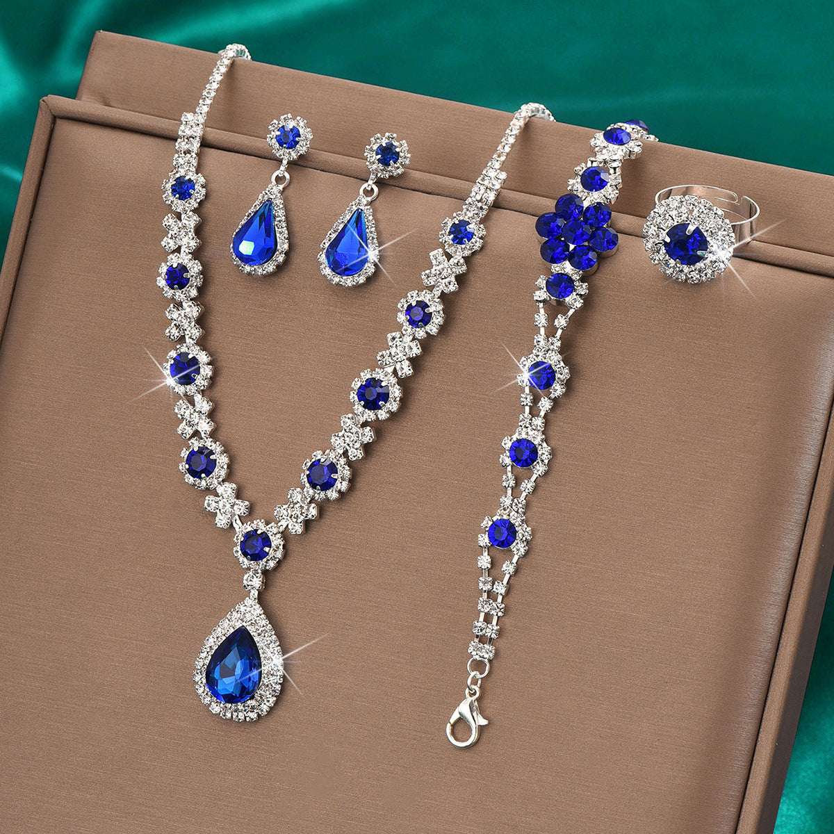 High-grade Crystal Gem Women's Water Drop Necklace Ear Stud Bracelet Ring 907660918 Ring Sapphire Blue