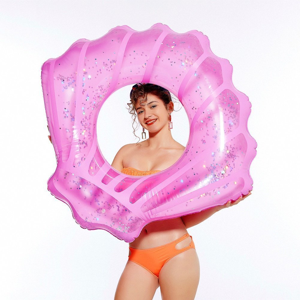 Inflatable sequined shell swimming ring floating row on water Pink 110CM