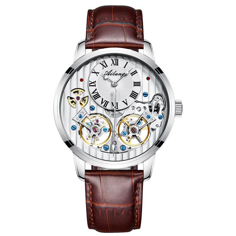 Men's watch automatic mechanical watch Silver brown belt