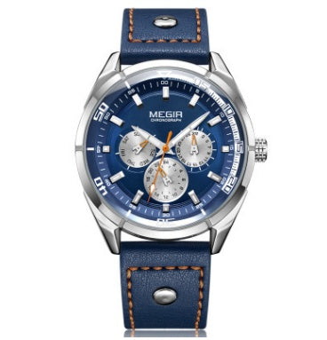 Calendar watch week leather men's watch large dial quartz watch Blue