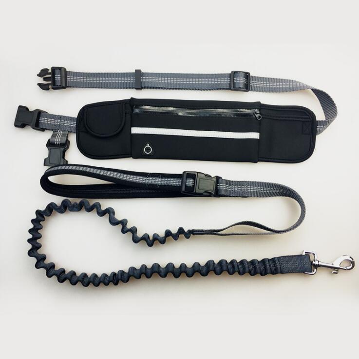 Hands-Free Dog Running Leash with Waist Pocket Adjustable Belt Shock Absorbing Bungee Black