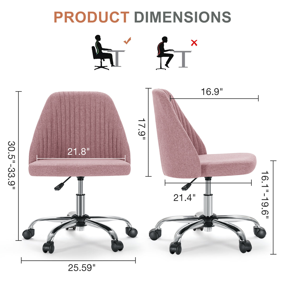 Modern Fabric Armless Adjustable Swivel Office Desk Chairs With Wheels Pink