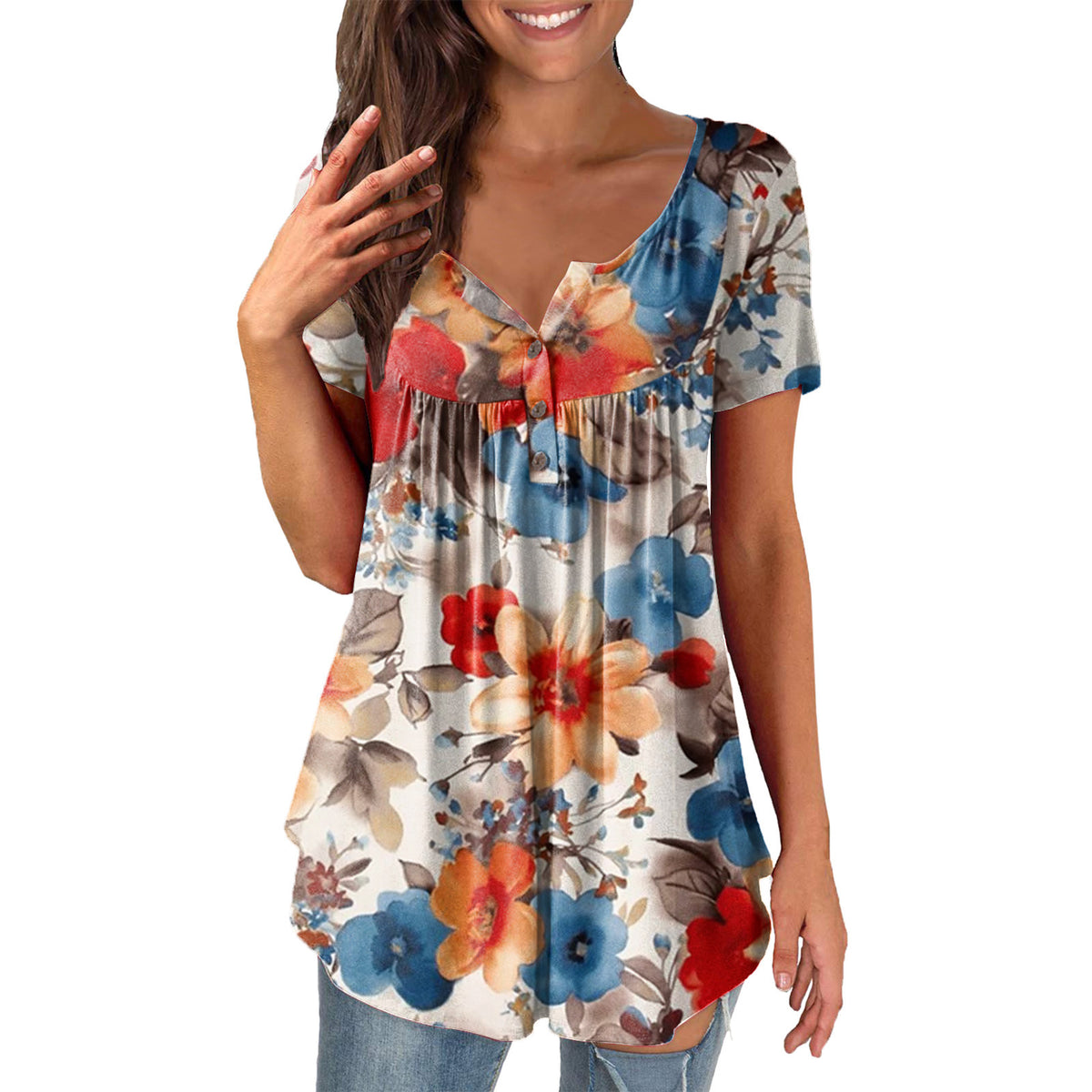 Ladies' Printed Ruffled Pullover Short Sleeve 7COLOR