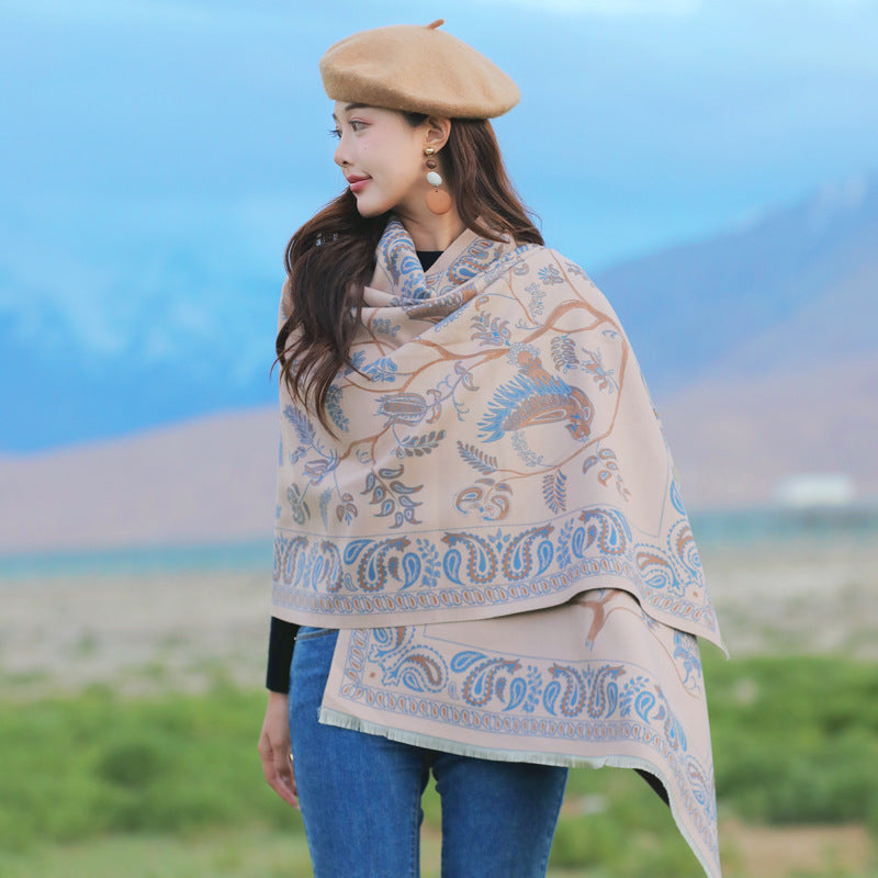 Retro High Sense Artificial Cashmere Scarf Bird National Style Light Pink No Specifications