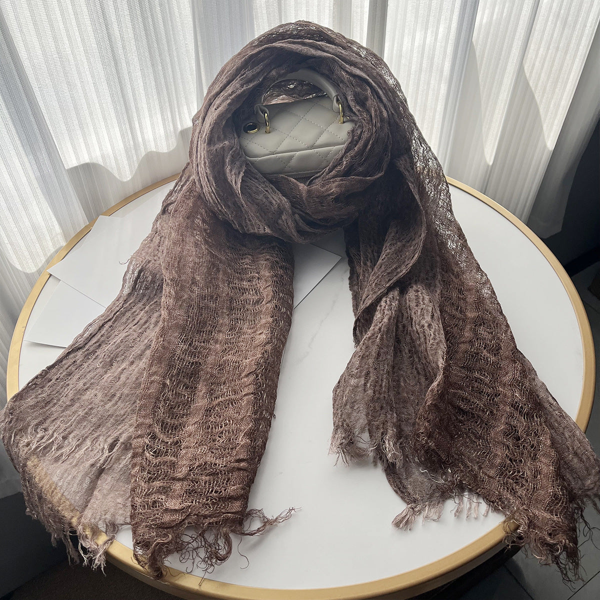 Solid Color Linen Scarf Retro Style Tassel Shawl For Women Coffee 190x80cm