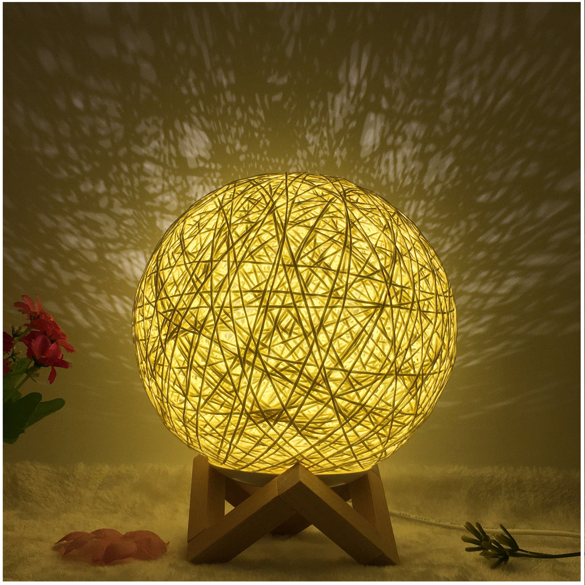 Amazon Hot Selling Creative Linen Table Lamp Novel and Unique LED Intelligent USB7 Color RGB16 Color Remote Control Rattan Ball Lamp Yellow shelf 15cm