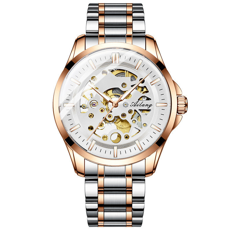 Automatic Mechanical Watch Hollow Watch Waterproof White gold steel belt