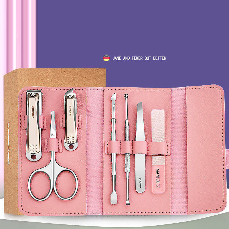 Stainless Steel Anti-splash Nail Clippers Nail Clippers Household Care Tool Set Pink Sevenpiece suit