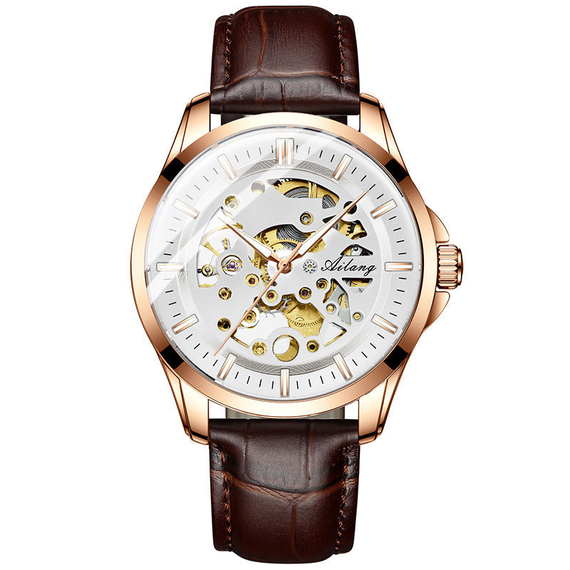 Automatic Mechanical Watch Hollow Watch Waterproof White face brown belt