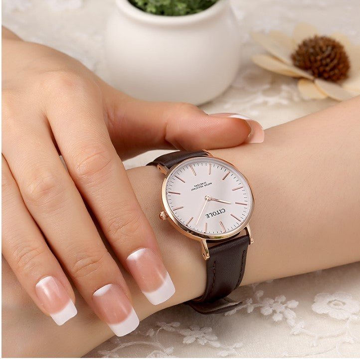 Large Dial Leather Watch Couple Watch Black female
