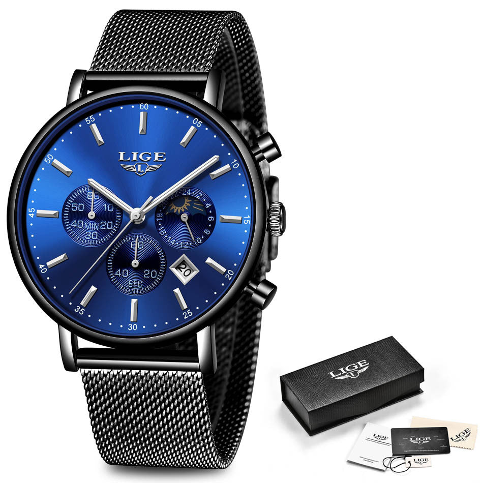 Quartz Watch Business Sports Watch Black Silver Blue