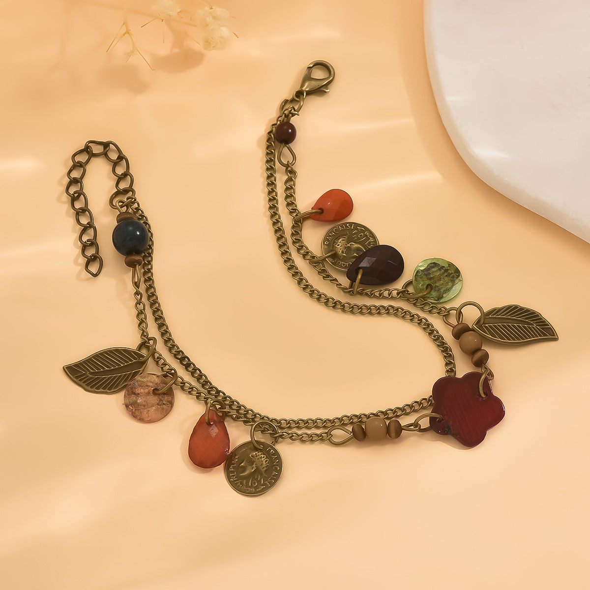 Bohemian Vacation Style Leaf Alloy Opal Anklet