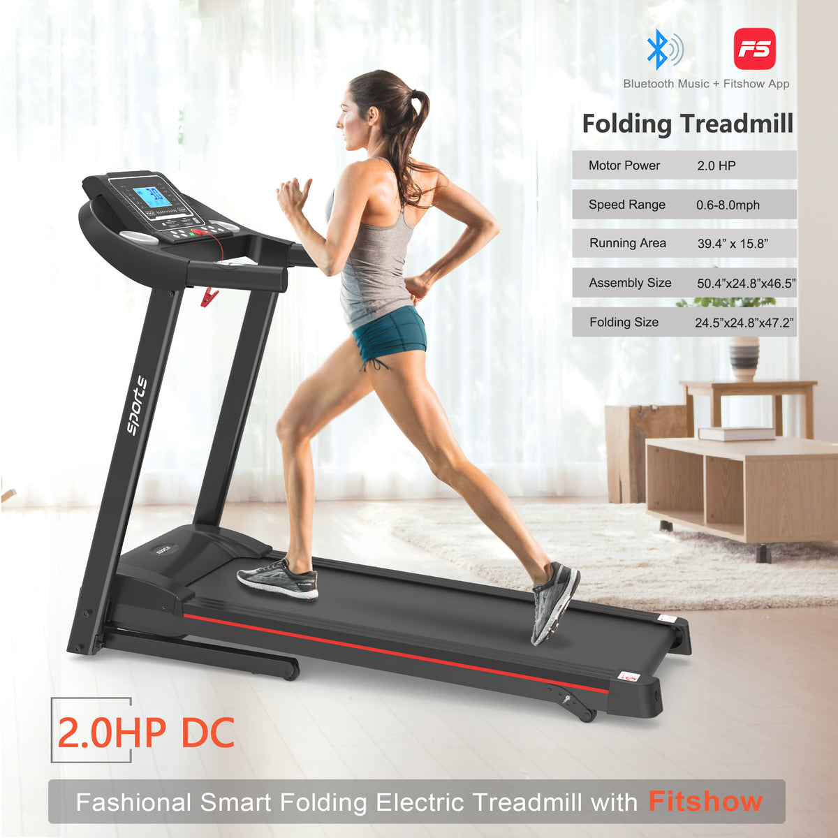 Fitshow App Home Foldable Treadmill With Incline, Folding Treadmill For Home Workout, Electric Walking Running Treadmill Machine 5 LCD Screen 250 LB Capacity Bluetooth Music Black